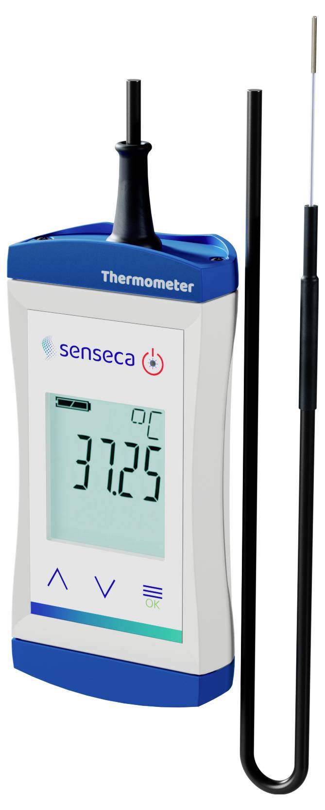 Digitales Thermometer mit einem großen Display, das '37,25°C' anzeigt, mit 'senseca' Branding und Navigationstasten.