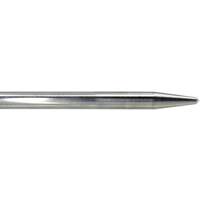 Eine silberne Metallstange mit spitzem Ende, horizontal ausgerichtet. Geeignet zum Eintreiben in festen Boden oder Material.