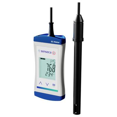 Ein blau-weißes EC-Messgerät, das auf dem digitalen Display '760 23,4°C' anzeigt, mit einer angeschlossenen schwarzen Sonde, das zur Messung der elektrischen Leitfähigkeit verwendet wird.