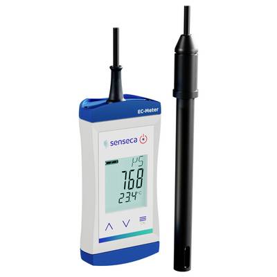 Ein digitales EC-Messgerät (elektrische Leitfähigkeit) mit angeschlossenem Sensor zeigt Messwerte von 145, 760 und 23,4°C auf seinem Display.