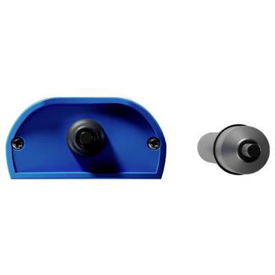 Zwei Stücke industrieller Hardware: eine blaue, halbkreisförmige Komponente mit einem zentralen Knopf und ein grauer zylindrischer Teil mit einer Vorsprung.