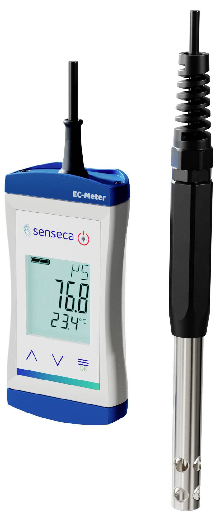 Tragbares EC-Messgerät von Senseca mit Anzeige der Werte: 7,6, 23,4°C. Inklusive abnehmbarer Edelstahlsonde. Geeignet für Leitfähigkeitsmessungen.