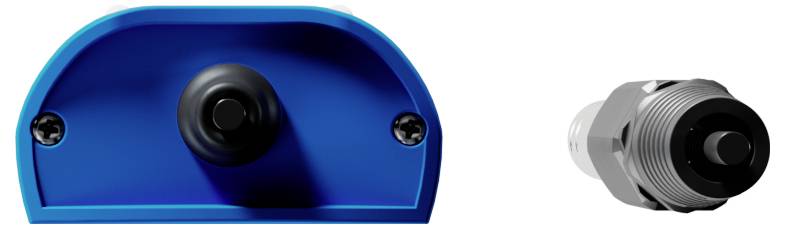 Eine Nahaufnahme von zwei Sensoren: einer blau mit schwarzem Knopf und einer grauen Metallzylinder, beide zur Näherungserkennung verwendet.