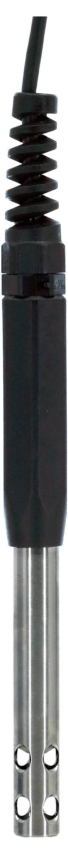 Eine zylindrische schwarz-silberne Sensorsonde mit einem gewickelten Kabel, die zur Messung von Parametern in verschiedenen Umgebungen verwendet wird.