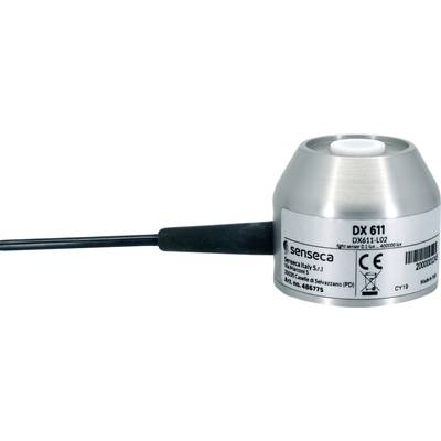 Metallener Sensor der Marke senseca, Modell DX 611, mit Kabelanschluss. Aufdruck zeigt technische Details und Zertifizierungen.