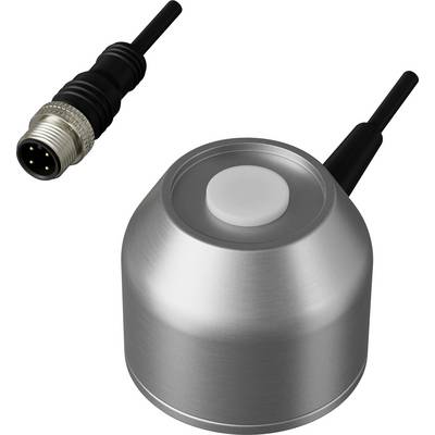 Ein rundes, metallisches Sensorgerät mit schwarzem Kabel. Oben links ein Steckverbinder mit vier Pins, ebenfalls mit Kabel.