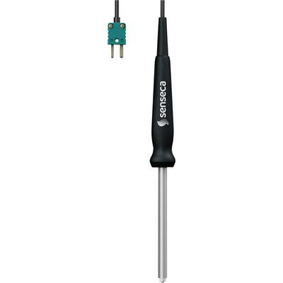 Eine Sensorsonde mit einem schwarzen Griff und metallischer Spitze, die über ein Kabel mit einem grünen zweizackigen Stecker verbunden ist.