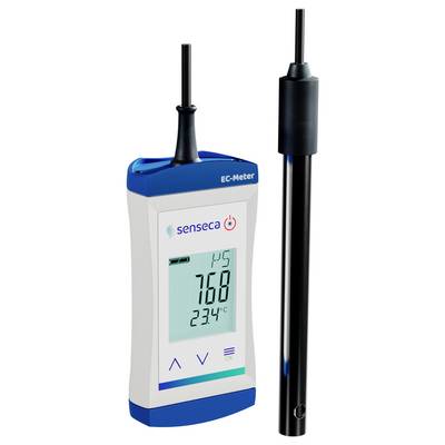 Ein digitales EC-Messgerät mit einer stiftähnlichen Sonde. Das Display zeigt Messungen an: '760 µS/cm' und Temperatur '23,4°C'. Der Markenname 'Seneca' ist sichtbar.