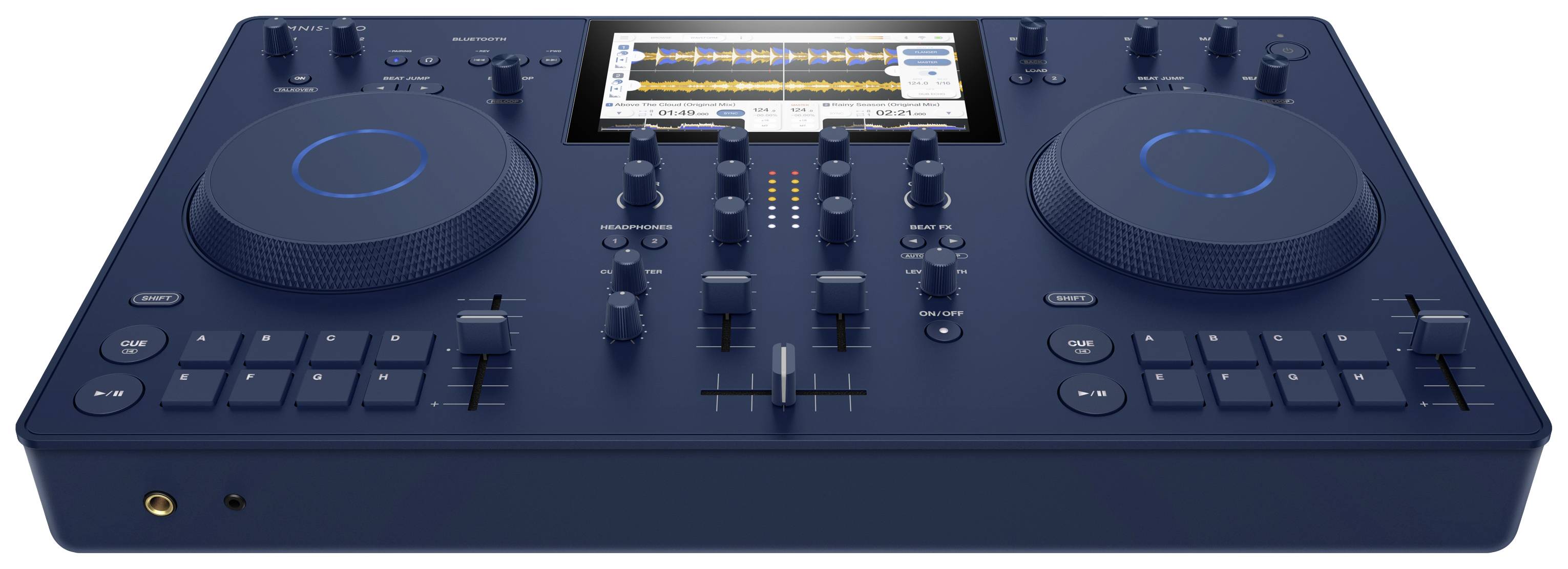 Ein blauer DJ-Controller mit zwei Plattentellern, mehreren Reglern und einem zentralen Display, das Audiowellenformen zeigt.