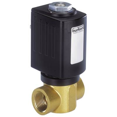 Ein elektromagnetisches 2/2-Wege-Ventil von Bürkert, mit einer schwarzen Oberelementabdeckung und einem goldfarbenen Messingkörper.