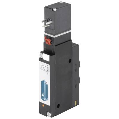 Ein schwarzes elektrisches Ventil mit einem roten Schalter oben und Diagramm auf der Vorderseite, das technische Funktionalität anzeigt.