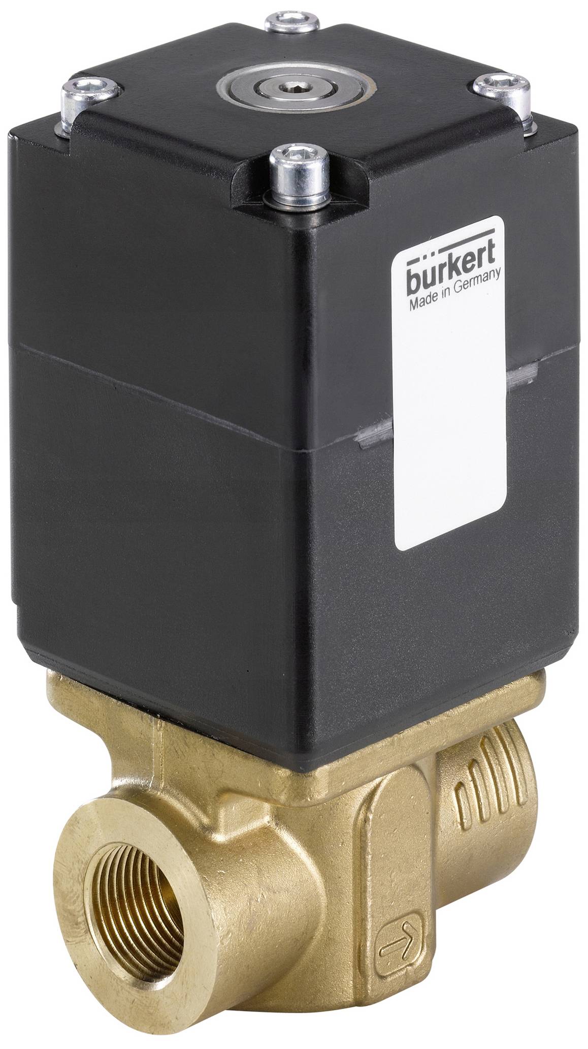 Ein schwarz-goldenes elektromagnetisches Ventil mit einem 'Made in Germany'-Aufkleber von Bürkert. Hauptsächlich für Fluidsteuerung verwendet.