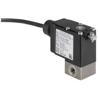 Ein schwarzer elektrischer Druckschalter mit einem Datenaufkleber. Der Schalter hat ein Metallende und ein angeschlossenes Kabel.