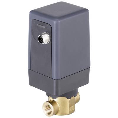 Ein elektrisches Ventil mit schwarzem Gehäuse und einem Metallanschluss oben, montiert auf einem Messinggewinde, das Wasserleitungen reguliert.