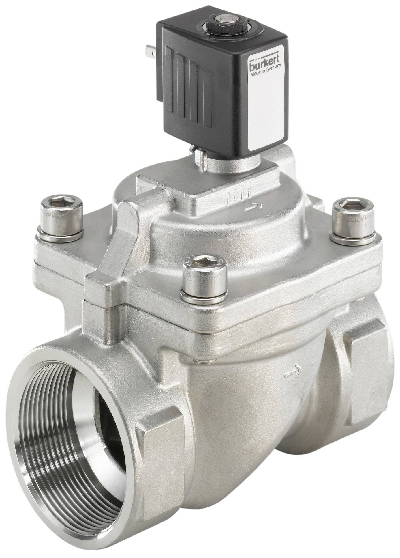 Ein silbernes, metallisches Ventil mit quadratischem schwarzen Sensor oben; geeignet für industrielle Rohrleitungssysteme.