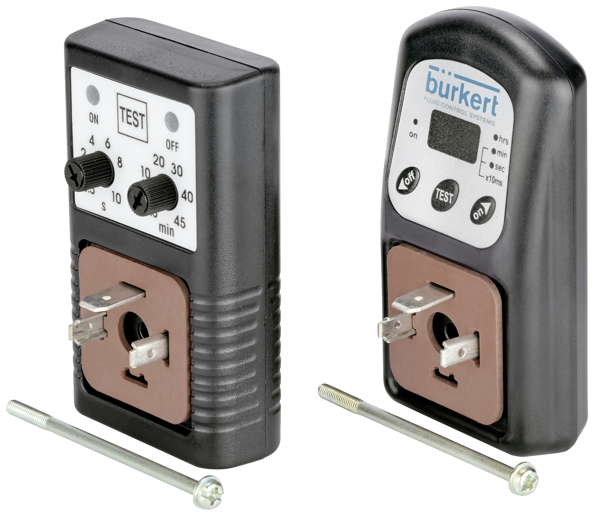 Zwei elektronische Steuergeräte mit Drehknöpfen, Tasten und integrierten Displays, die Einstellungen und Status für Zeitsteuerung anzeigen.