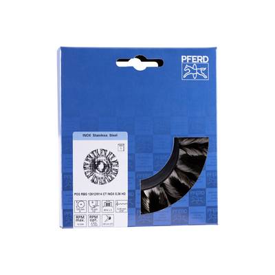 Verpackung einer Edelstahl-Bürste der Marke 'PFERD', abgebildet mit Produktinformationen und technischer Zeichnung des Artikels.