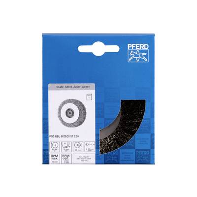 PFERD Verpackung für Stahlbürste, zeigt Bürste als Bild, geeignet für Stahl. Enthält technische Informationen wie max. U/min.