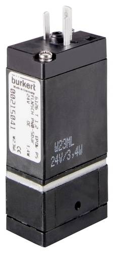 Ein schwarzes, rechteckiges magnetgesteuertes Ventil von Burkert, beschriftet mit Daten wie '24V/3,4W' und Seriennummer.