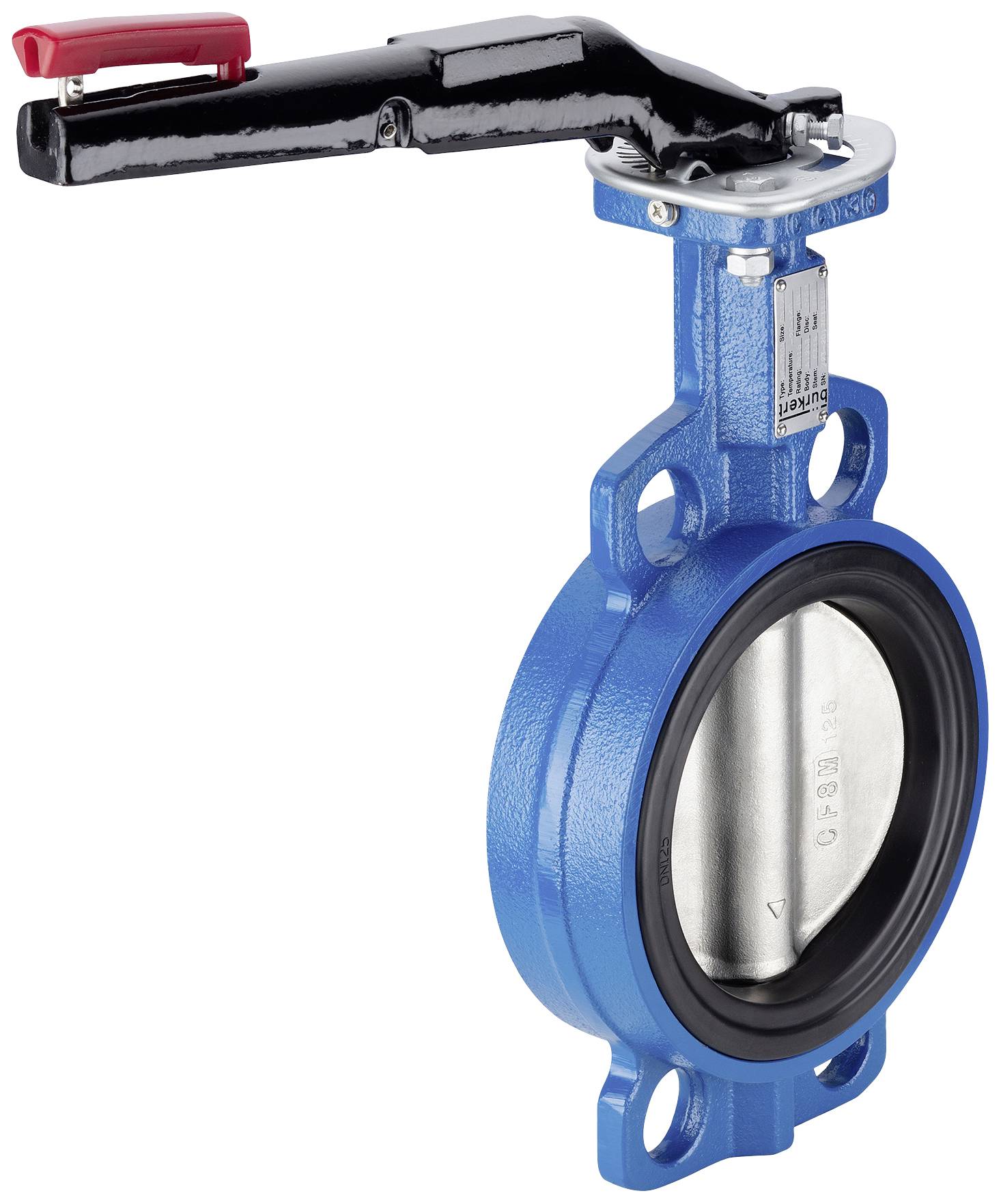 Industrielle Absperrklappe in Blau mit schwarzem Hebelgriff. Verwendet zur Regulierung des Durchflusses von Flüssigkeiten in Rohrleitungen.