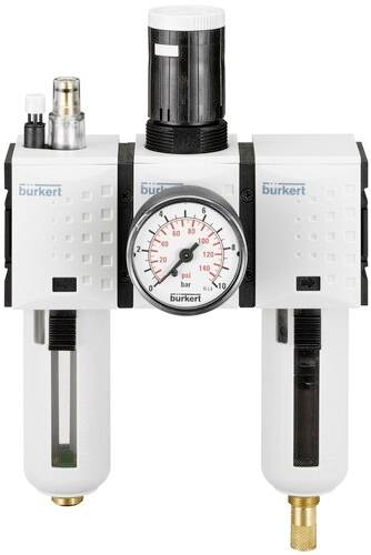 Ein Druckregelventil mit Manometer und zwei vertikalen Zylindern; zeigt den Luftdruck in bar und psi an; industrielle Anwendung.