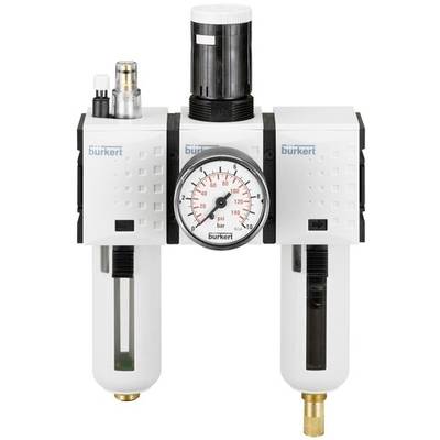 Ein Druckregelventil mit Manometer und zwei vertikalen Zylindern; zeigt den Luftdruck in bar und psi an; industrielle Anwendung.