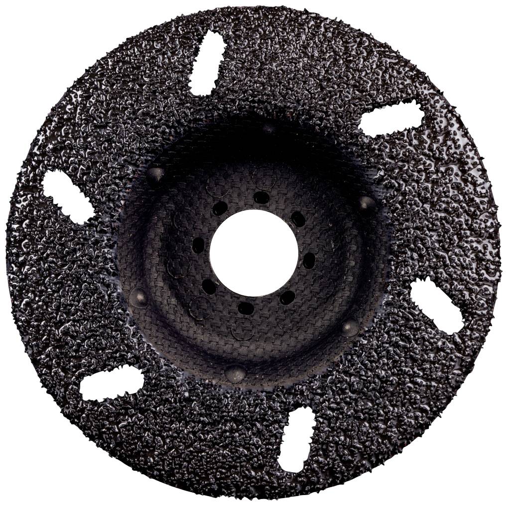 Eine grob strukturierte Schleifscheibe mit mehreren Schlitzen und einem Loch in der Mitte, geeignet für grobes Schleifen von Materialien.