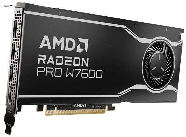 Grafikkarte AMD Radeon Pro W7600 mit schwarzem Gehäuse und Lüfter auf der rechten Seite. Vielzahl an Anschlüssen sichtbar.