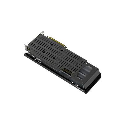 Grafikkarte mit schwarzem Gehäuse und Lüftungsschlitzen. Text 'Radeon' auf der Seite. Wird für Grafikverarbeitung in Computern verwendet.