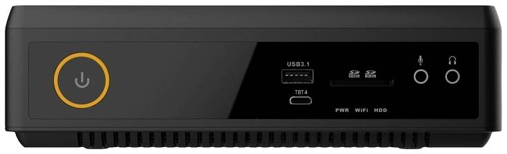 Ein schwarzes Computergehäuse mit USB- und Audioanschlüssen, einem Power-Knopf und kleinen Betriebs-LEDs für Strom, WLAN und Festplatte.