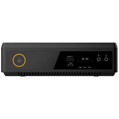 Ein schwarzes Computergehäuse mit USB- und Audioanschlüssen, einem Power-Knopf und kleinen Betriebs-LEDs für Strom, WLAN und Festplatte.