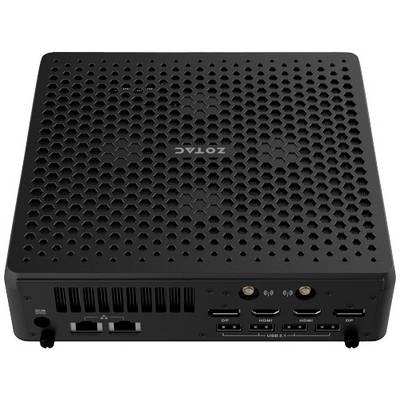 Schwarzer Mini-PC mit Hexagon-Muster oben, mehreren Anschlüssen vorne: 2 DisplayPort, 2 HDMI, 2 USB, Audioanschlüsse.