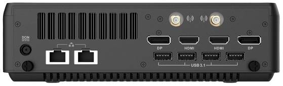 Rückseite eines Geräts mit Anschlüssen: zwei Ethernet-Ports, zwei HDMI-, zwei DisplayPort- und vier USB-3.1-Anschlüsse.