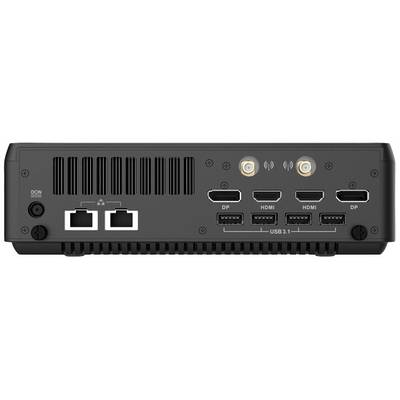 Rückseite eines Geräts mit Anschlüssen: zwei Ethernet-Ports, zwei HDMI-, zwei DisplayPort- und vier USB-3.1-Anschlüsse.