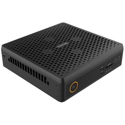 Ein kompakter schwarzer Mini-PC mit belüfteter Oberseite, mehreren Anschlüssen an der Vorderseite und einem orange beleuchteten Einschaltknopf.