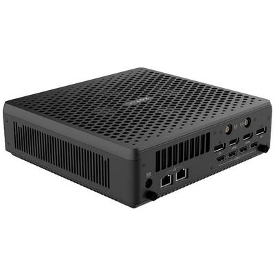 Schwarzer Mini-PC mit mehreren Anschlüssen, darunter HDMI und Ethernet, auf der Rückseite. Lüftungsschlitze an den Seitenwand.