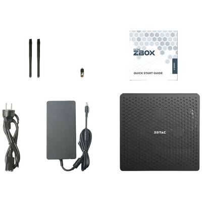 ZOTAC ZBOX Mini-PC-Set mit Netzadapter, zwei Antennen, einem USB-Empfänger und einer Schnellstartanleitung.