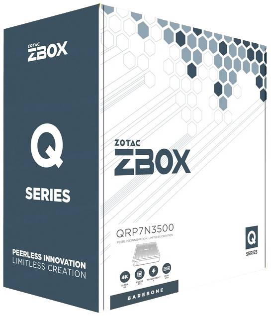 Kartonschachtel mit der Aufschrift 'Zotac ZBOX Q-Serie', 'Peerless Innovation, Limitless Creation'. Design mit grauen Wabenmustern.
