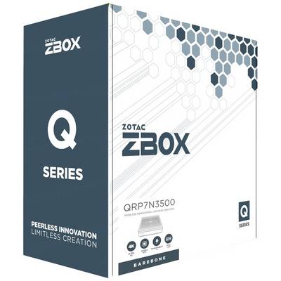 Kartonschachtel mit der Aufschrift 'Zotac ZBOX Q-Serie', 'Peerless Innovation, Limitless Creation'. Design mit grauen Wabenmustern.