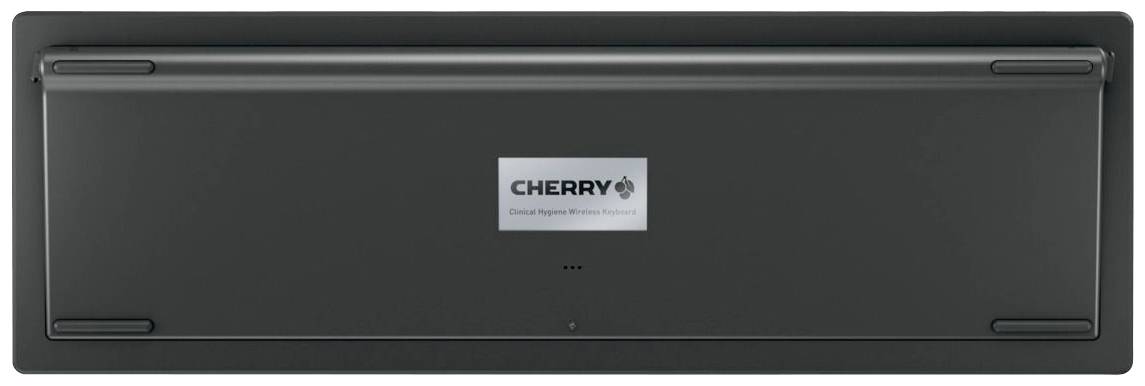 Rückseite einer schwarzen Computer-Tastatur mit Blick auf das Etikett 'Cherry'.