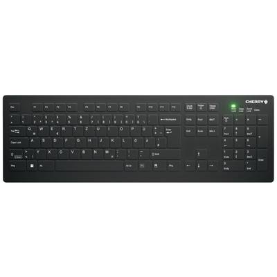Schwarze Computer-Tastatur mit vollem Layout, inkl. Nummernblock. Oben rechts ist die Marke 'CHERRY' zu sehen.