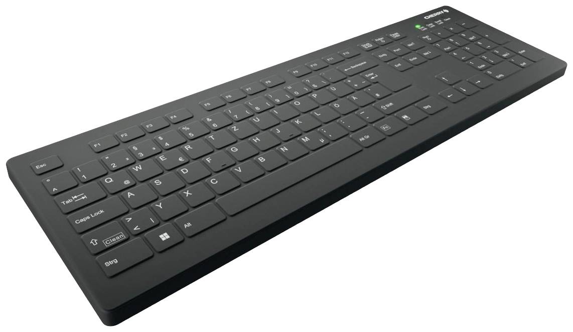 Schwarze Computertastatur mit Ziffernblock auf der rechten Seite; stilvolles, flaches Design.