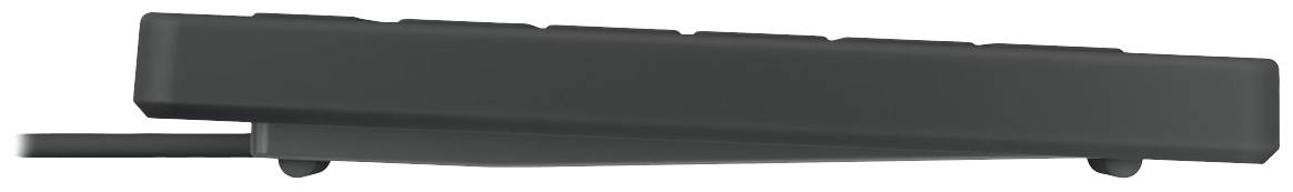 Schwarze Computertastatur aus seitlicher Perspektive mit angewinkelten Tasten.