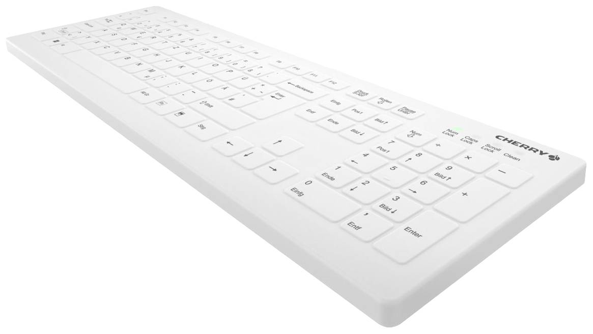 Weiße, kabellose Tastatur mit abgerundeten Tasten. Rechts oben ist ein Markenlogo. Geeignet für minimalistisches Bürodesign.