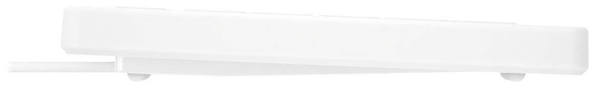 Weiße Tastatur in seitlicher Ansicht, zeigt schlankes und minimalistisches Design.