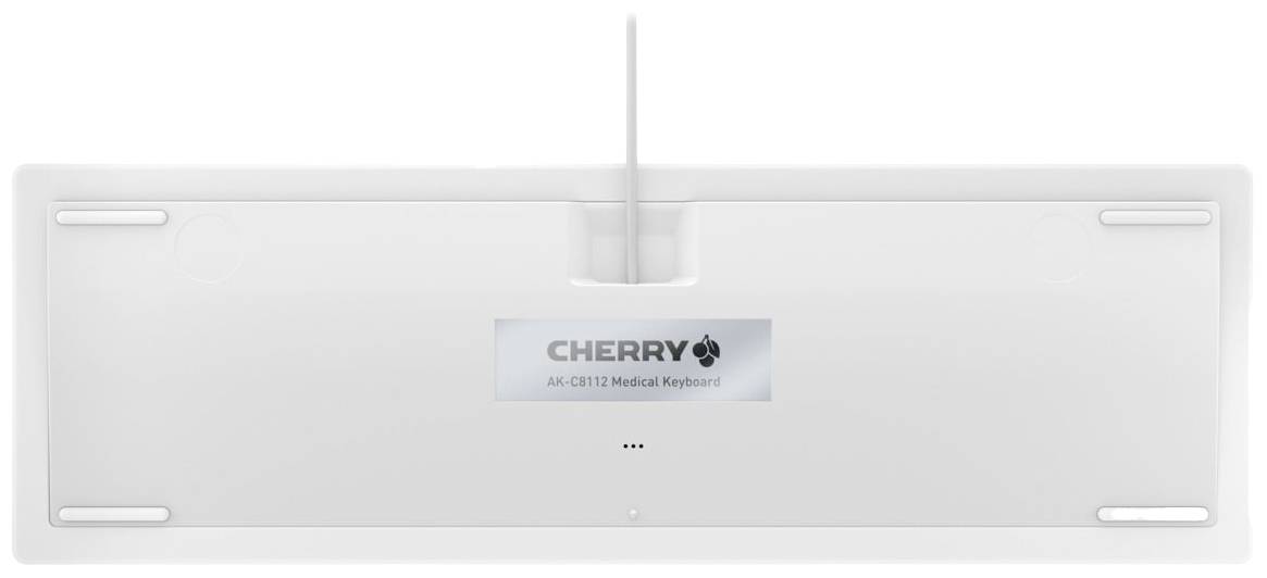 Rückseite einer weißen Tastatur mit dem Logo 'CHERRY' und Modellnummer 'AK-C4110 Medical Keyboard' in der Mitte, Kabel oben.