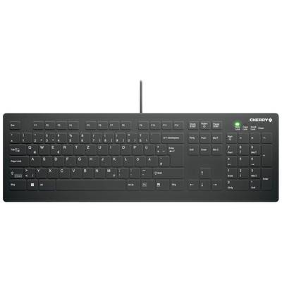 Schwarze PC-Tastatur mit deutschem QWERTZ-Layout, Ziffernblock und Funktionstastenreihe. Indikatorlicht leuchtet bei 'Num Lock'.