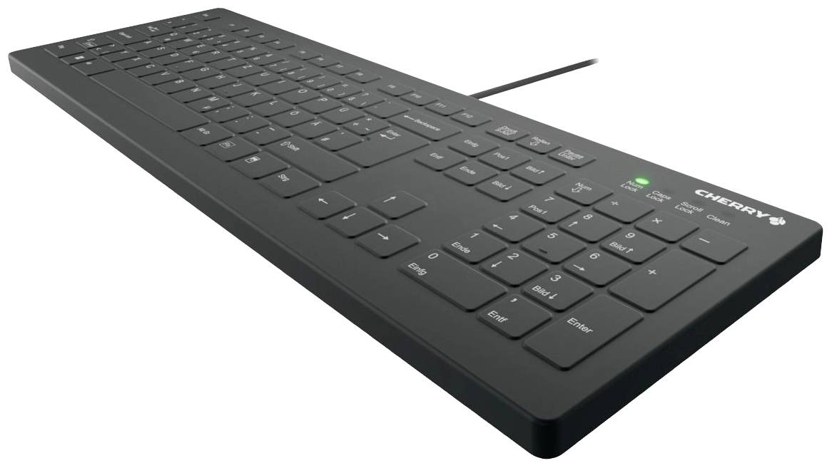Eine schwarze Computertastatur mit Nummernblock und Funktionstasten in moderner, schlanker Bauweise. Kabel geht von der Rückseite weg.