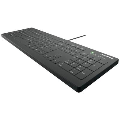 Eine schwarze Computertastatur mit Nummernblock und Funktionstasten in moderner, schlanker Bauweise. Kabel geht von der Rückseite weg.