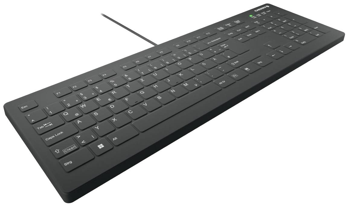 Eine schwarze, kabelgebundene Tastatur mit QWERTZ-Layout, inklusive Ziffernblock, geeignet für den Einsatz am Computer.